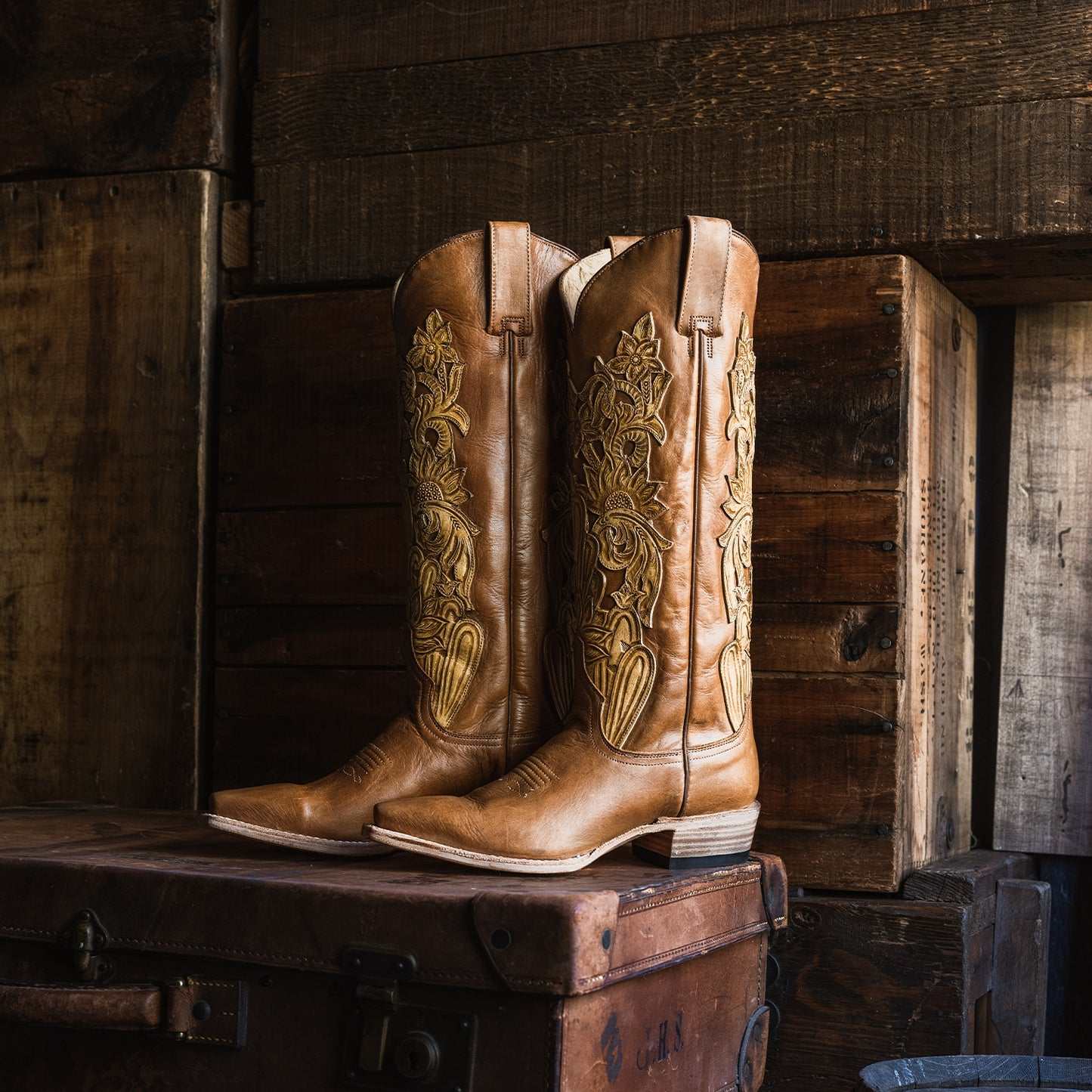 Women's Stetson Jules handcrafted brown leather boots with vintage hand tooling and back zip