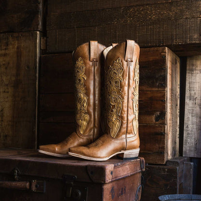 Women's Stetson Jules handcrafted brown leather boots with vintage hand tooling and back zip