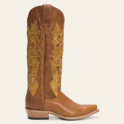 Women's Stetson Jules handcrafted brown leather boots with vintage tooling and stacked heel