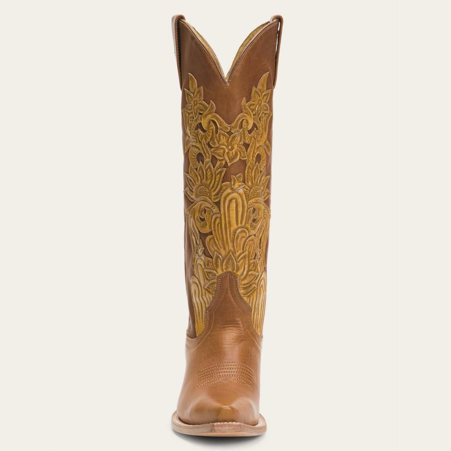 Women's Stetson Jules handcrafted brown leather boots with vintage hand tooling and back zip