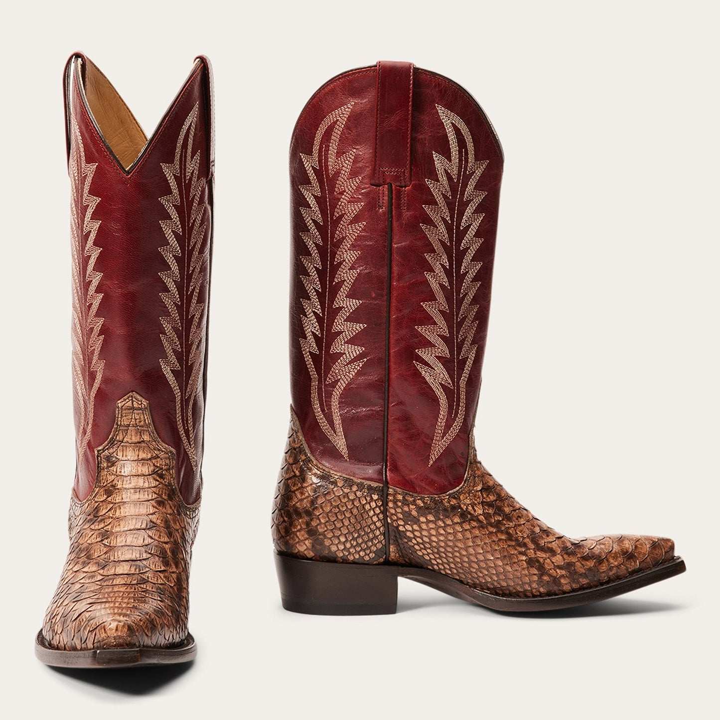 Brown handcrafted women's Stetson Ember Python Boots with 13" red shaft and snip toe