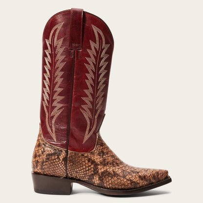 Women's Stetson Ember Python Boots handcrafted brown leather cowboy boots with red shaft and stacked heel