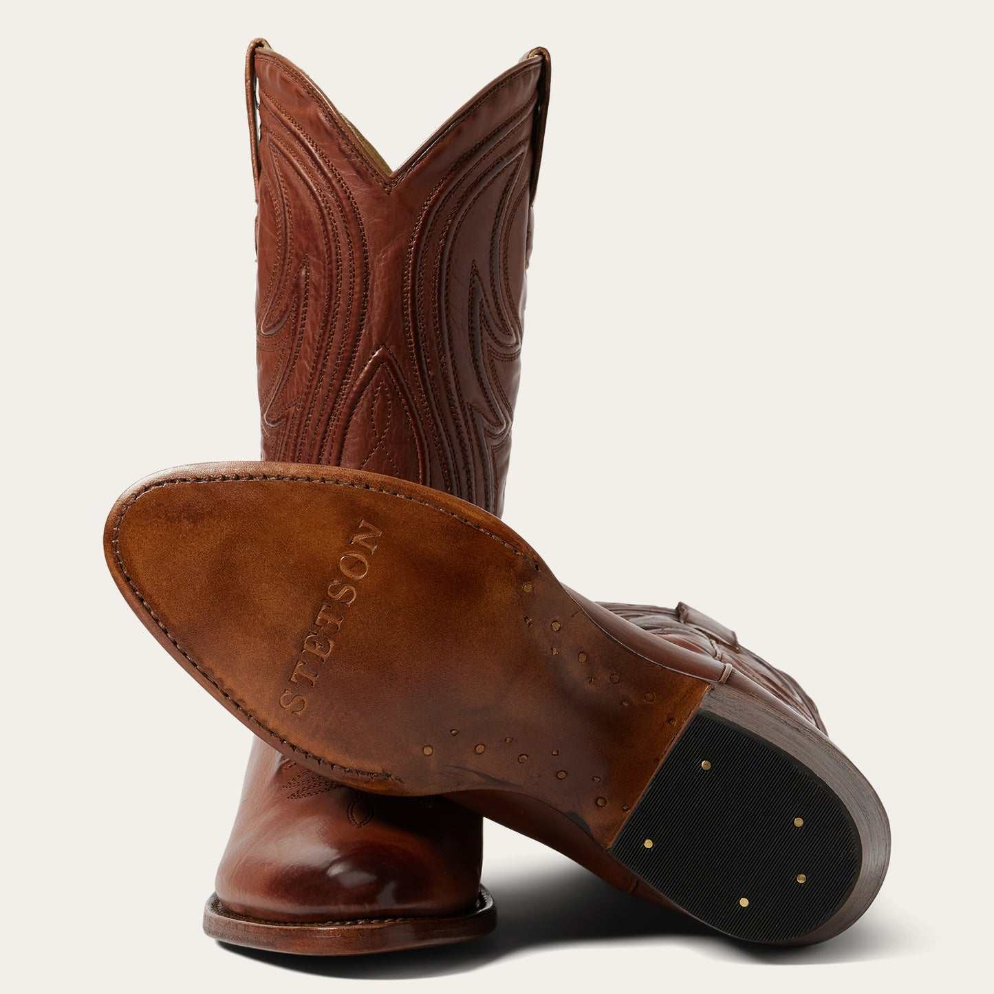 Women's Stetson Nora Boots handcrafted cognac leather with corded shaft and stacked heel