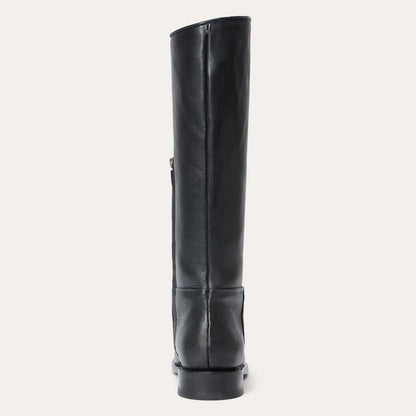 Women's Stetson Jolene black leather boots with 16" shaft and silver snip toe, handcrafted with YKK zipper and rubber sole