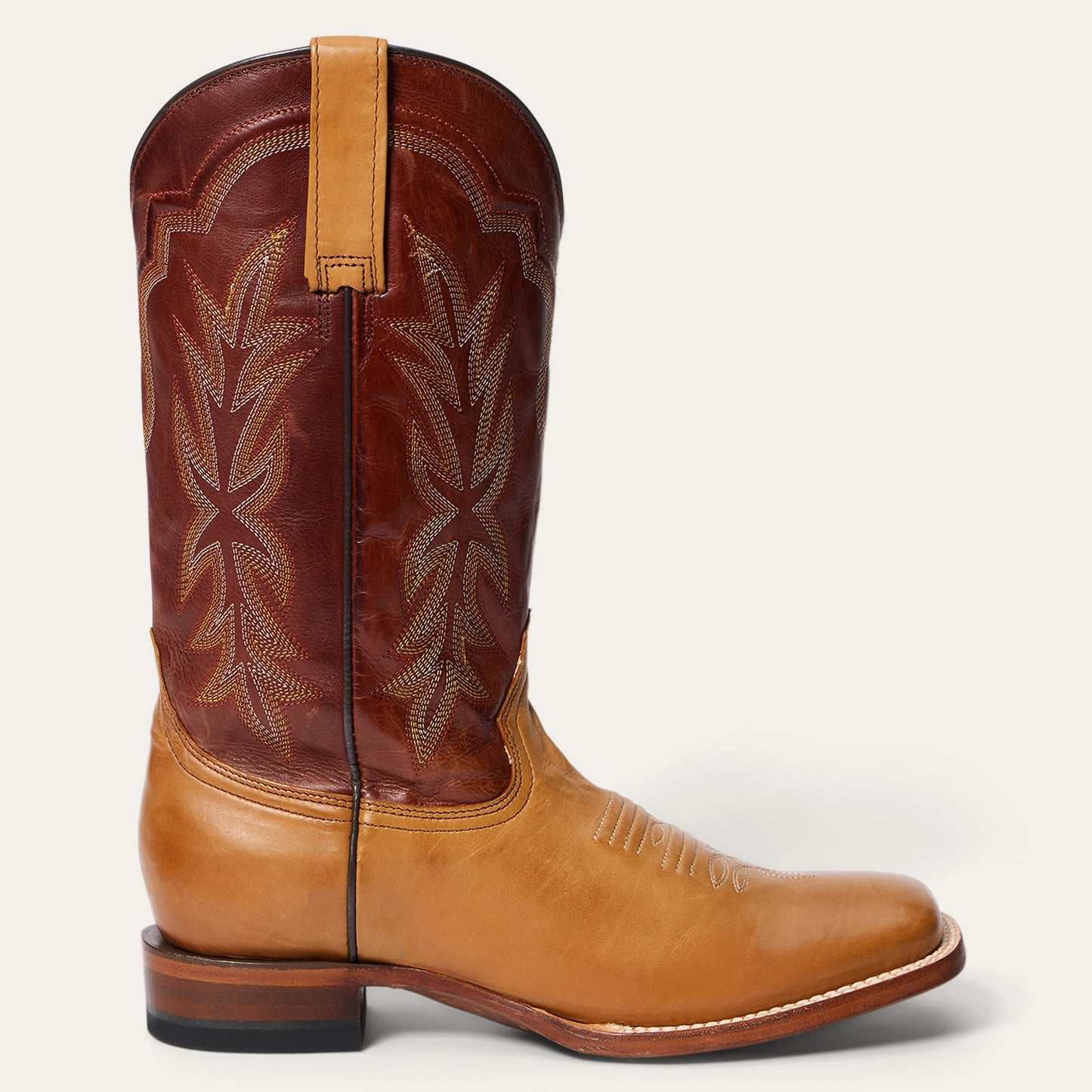 Women's Stetson Jessica leather boots in burnished tan with embroidered shaft and wide square toe