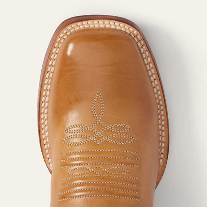 Women's Stetson Jessica Boots handcrafted tan leather with embroidered brown shaft and wide square toe