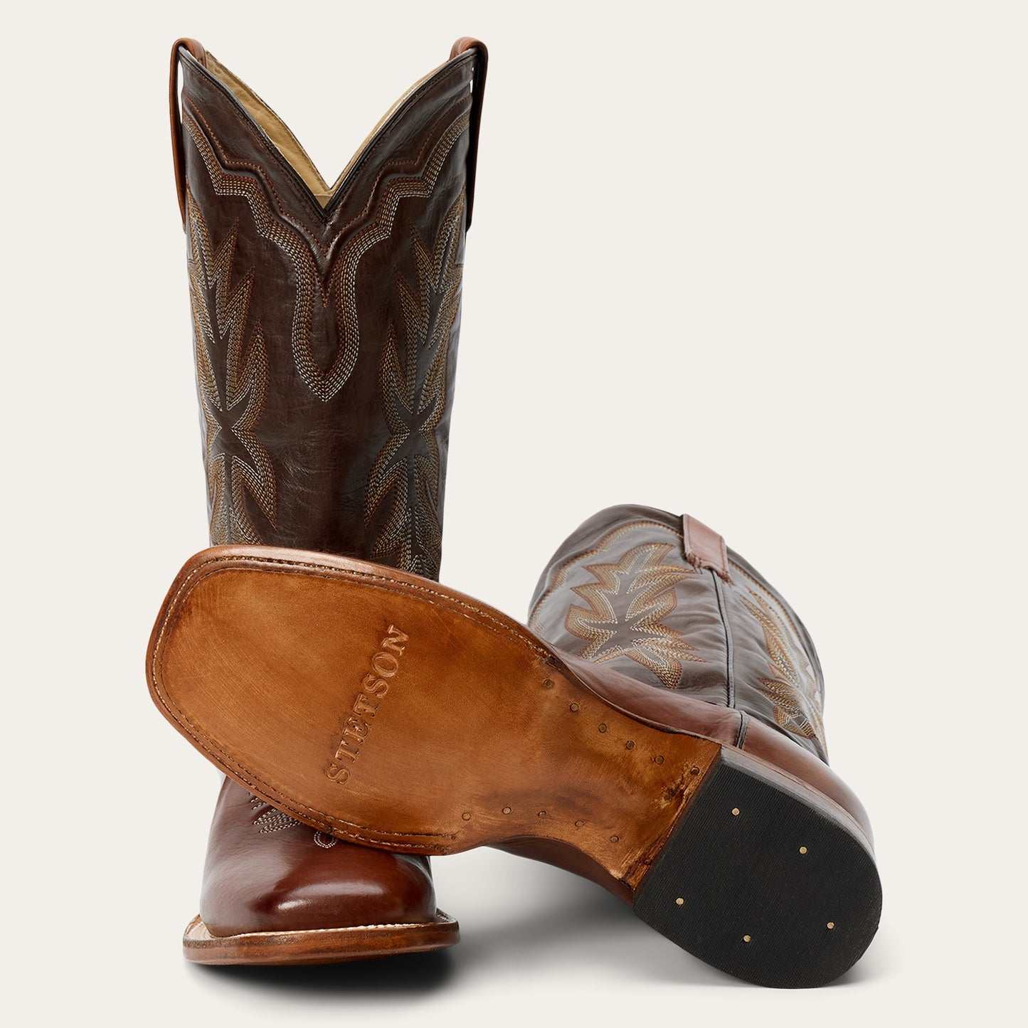 Women's Stetson Jessica Leather Boots handcrafted brown with embroidered shaft and wide square toe