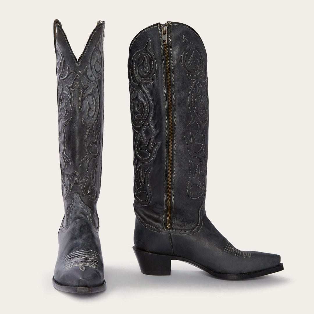 Women's black Stetson Boots Blair knee-high snip toe handcrafted leather boots with 19" corded shaft and YKK zipper