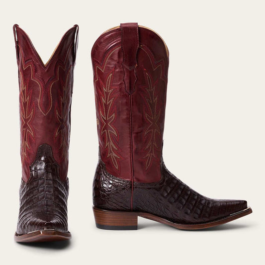 Women's Stetson Elizabeth Caiman Boots chocolate handcrafted snip toe with unique embroidery and stacked heel