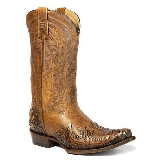 Men's Stetson Bowie leather boots handcrafted brown with handtooled design and 13" shaft
