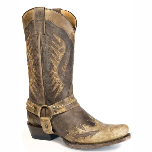 Men's Stetson Outlaw leather boots handcrafted brown square toe cowboy boots with vintage tan wing tip and 13-inch shaft
