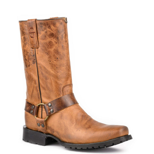 Men's Stetson Heritage Harness Leather Boots handcrafted tan square toe biker style