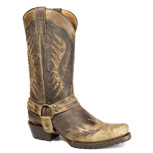 Men's Stetson Outlaw Biker Leather Boots brown handcrafted square toe with vintage tan wingtip and 13-inch shaft