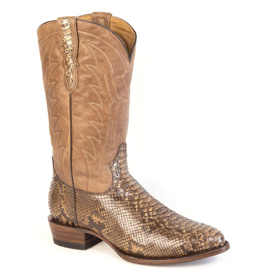 Men's Stetson Tombstone Python Boots handcrafted round toe brown cowboy boots with leather shaft and python vamp