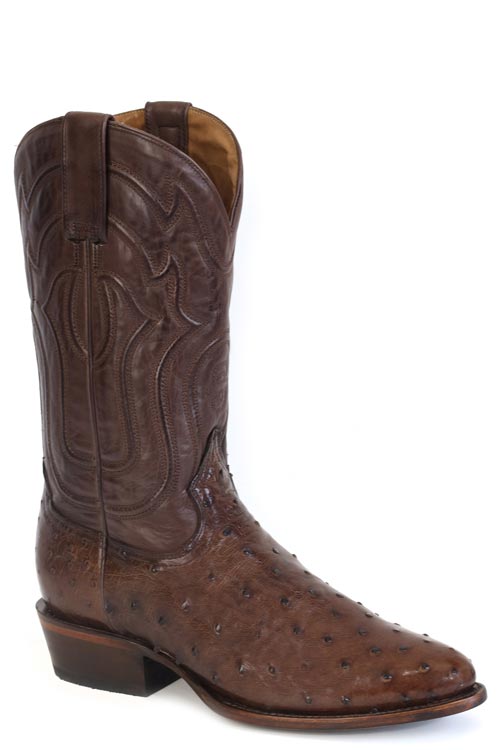 The Mens Stetson Chisholm Ostrich Boots by Stetson Boots are handcrafted in tobacco brown with decorative shaft stitching, a dotted ostrich foot, round toe, American roots style, low angled heel, and pull straps.