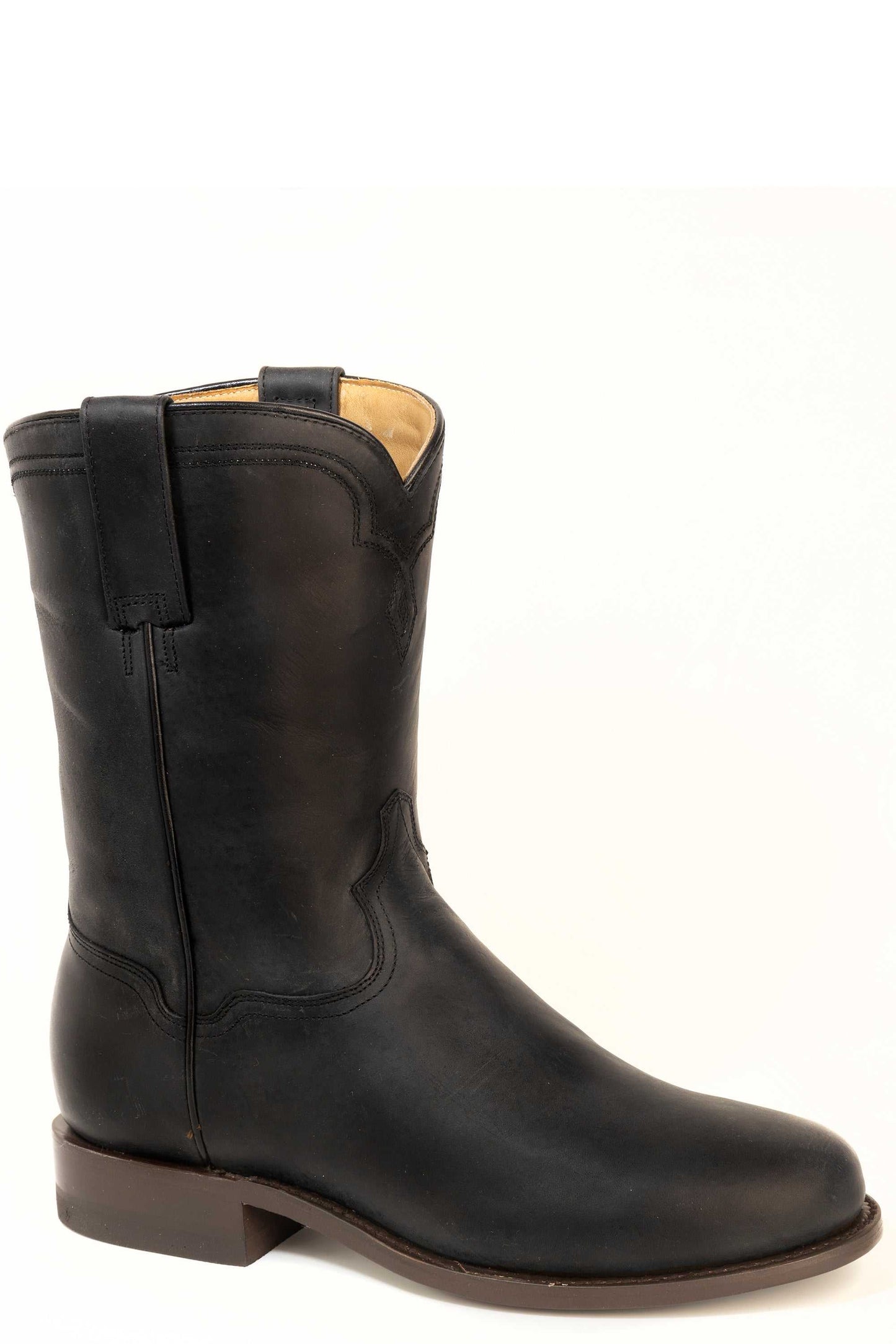 Men's Stetson Puncher Roper Leather Boots Handcrafted Round Toe Black