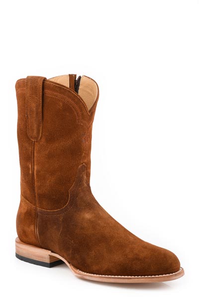 The Mens Stetson Rancher Zip Roper Leather Boot by Stetson Boots features a handcrafted round toe, cognac leather, mid-calf shaft, pull tabs, and light wooden heel—showcasing authentic American style against a white background.