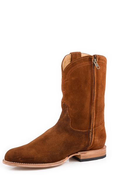 The Stetson Boots Mens Rancher Zip Roper features handcrafted cognac leather, a round toe, side zipper, and low heel—displayed on a white background and embodying timeless American roots.