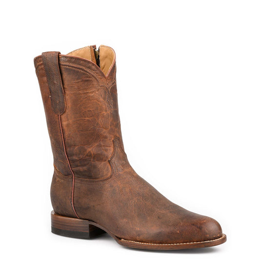 Men's Stetson Rancher Zip Roper Goat Boots in brown handcrafted leather with round toe and side zipper