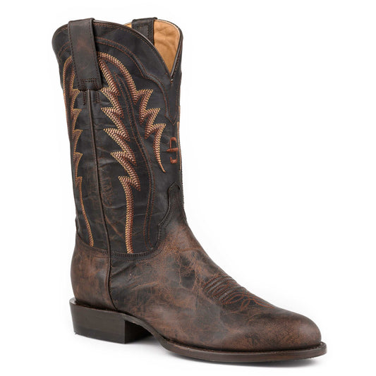 Men's Stetson Caldwell Goat Boots handcrafted brown leather round toe 12-inch shaft