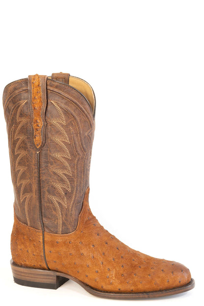 Men's Stetson Gage Ostrich Boots Handcrafted Round Toe Cognac