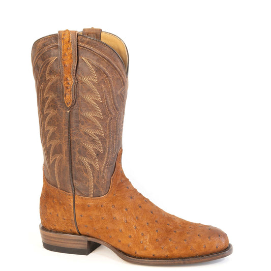 Men's Stetson Gage Ostrich Boots handcrafted round toe cognac leather with 12-inch shaft and leather sole