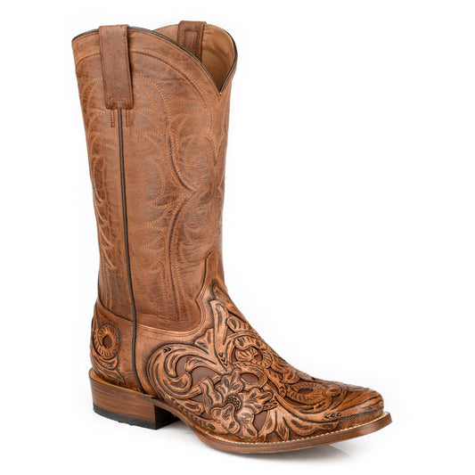 Men's Stetson Carter handcrafted tan leather boots with square toe and 13-inch shaft