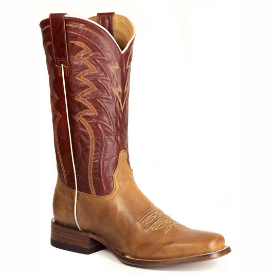 Men's Stetson Beau Leather Boots handcrafted tan square toe with burnish red leather shaft