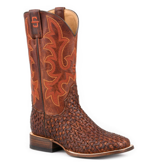 Men's Stetson Harlan handcrafted square toe leather boots in cognac with 13-inch shaft and woven vamp