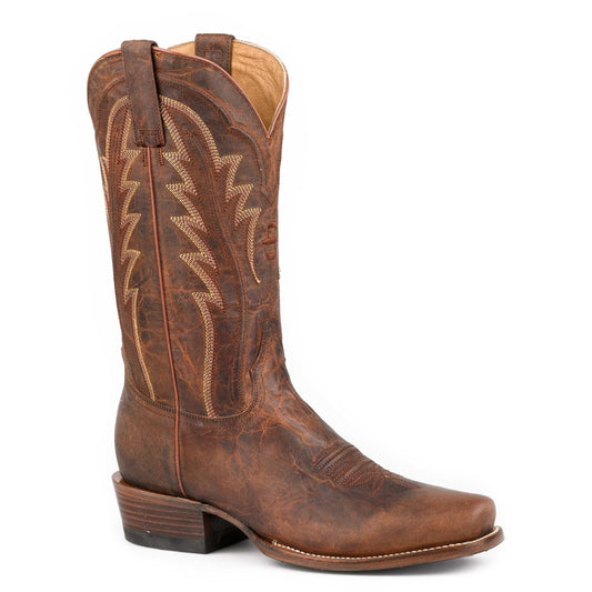 Men's Stetson Cash Goat Boots handcrafted brown leather cowboy boots with square toe and 13-inch shaft