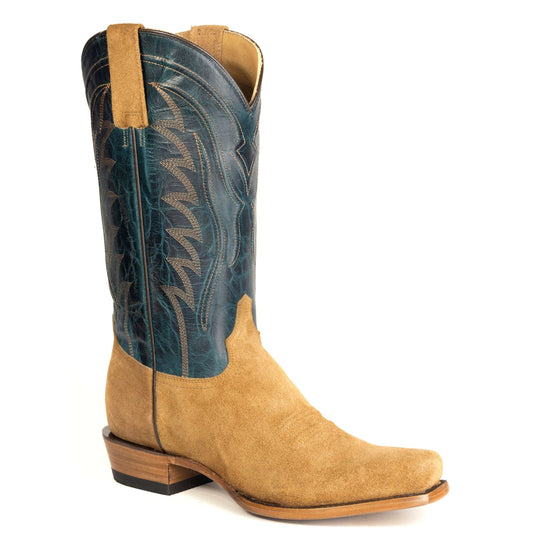 Men's Stetson Jett Suede Leather Boots tan handcrafted square toe with turquoise shaft