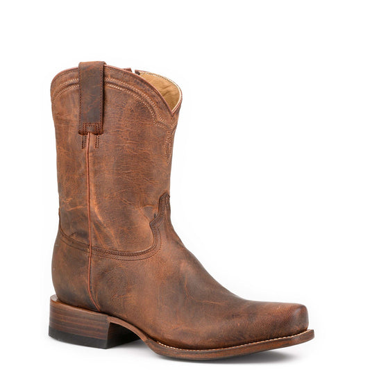 Men's Stetson Caldwell Goat Boots handcrafted brown leather square toe with side zipper and leather sole