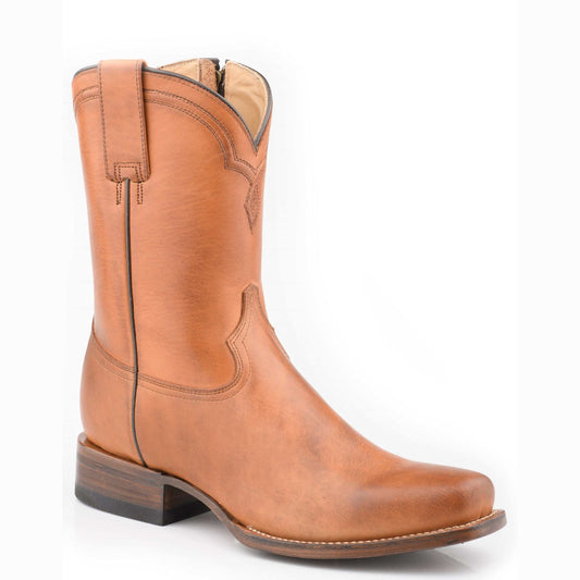 Men's Stetson Caldwell Leather Boots tan handcrafted square toe with side zipper and leather sole