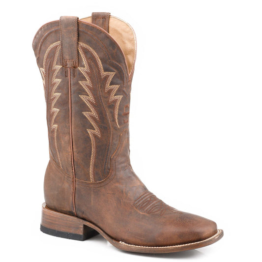 Men's Stetson Cimarron handcrafted tan leather boots with square toe and 12" shaft