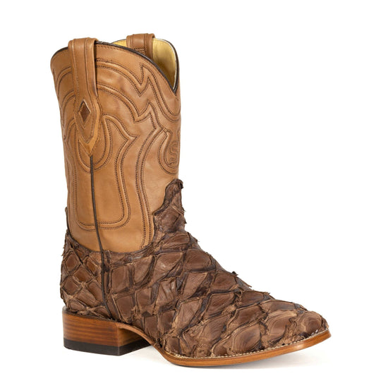 Men's brown Stetson Pirarucu Fish handcrafted square toe boots with leather shaft and sole