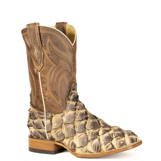 Men's Stetson Pirarucu Fish Boots handcrafted square toe tan leather western boots