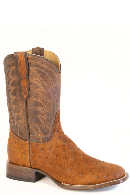 Men's Stetson Gunnar Suede Ostrich Boots Handcrafted Square Toe Cognac