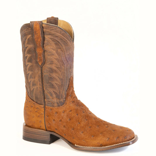 Men's Stetson Gunnar Suede Ostrich Boots handcrafted square toe cognac with vintage suede and leather details