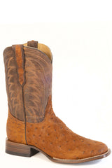 Men's Stetson Gunnar Suede Ostrich Boots Handcrafted Square Toe Cognac