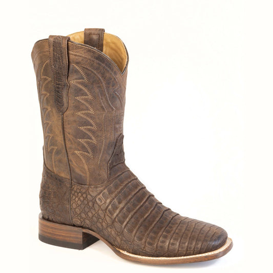 Men's Stetson Ryder Boots handcrafted brown square toe with caiman leather and burnished shaft