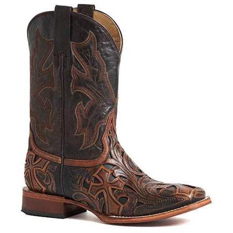 Men's Stetson Handtooled Cross Leather Boots Handcrafted Brown