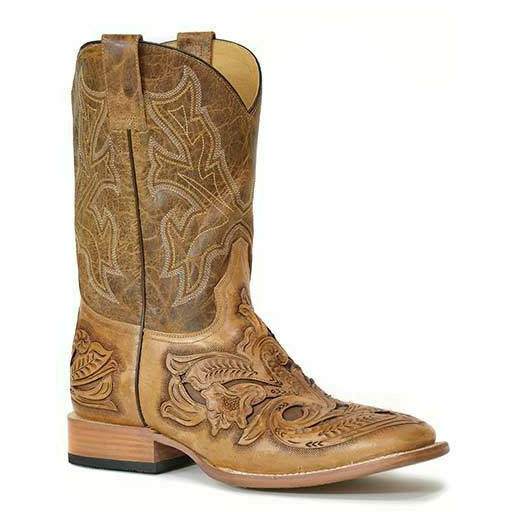 Stetson Handtooled Wicks Lederstiefel für Herren, handgefertigt, Braun