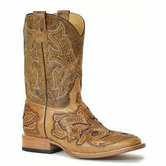 Men's Stetson Handtooled Wicks Leather Boots Handcrafted Brown
