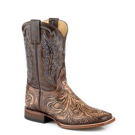 Stetson Remington Handtooled Boots für Herren, quadratische Zehenpartie, handgefertigt, Braun