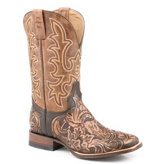 Men's Stetson Jessie Leather Boots handcrafted brown square toe with waxy tan leather shaft and premium cow lining