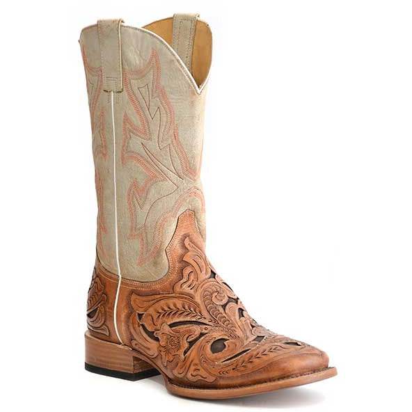 Stetson Handtooled Wicks Lederstiefel für Herren, handgefertigt, Braun