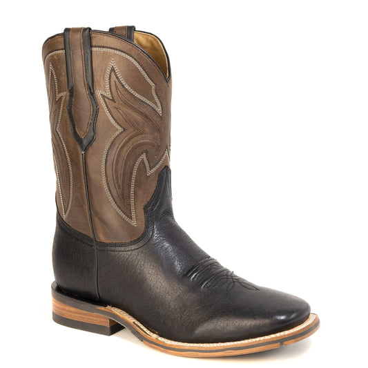 Men's Stetson Nolan Bison Boots handcrafted black square toe with burnish brown leather shaft and Tru X Impact System