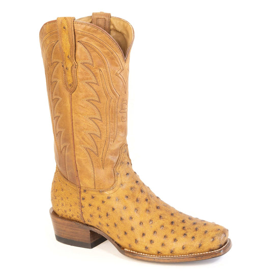 Men's Stetson Fletch Ostrich Boots handcrafted tan leather cowboy boots with square toe and 13-inch shaft