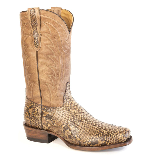Men's Stetson Mack Python Boots handcrafted brown square toe cowboy boots with python leather vamp and burnish tan shaft
