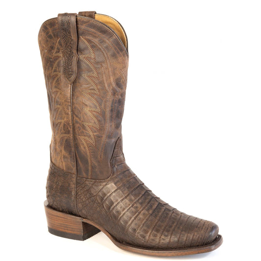 Men's Stetson Palmer Caiman Boots handcrafted brown square toe cowboy boots with caiman leather vamp and leather shaft